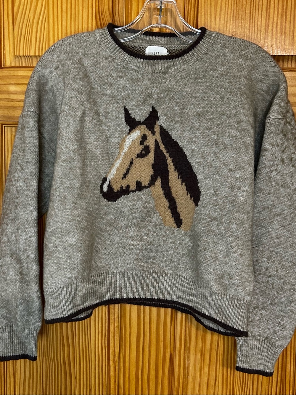Lina Grey Horse Intarsia Crewneck Sweater